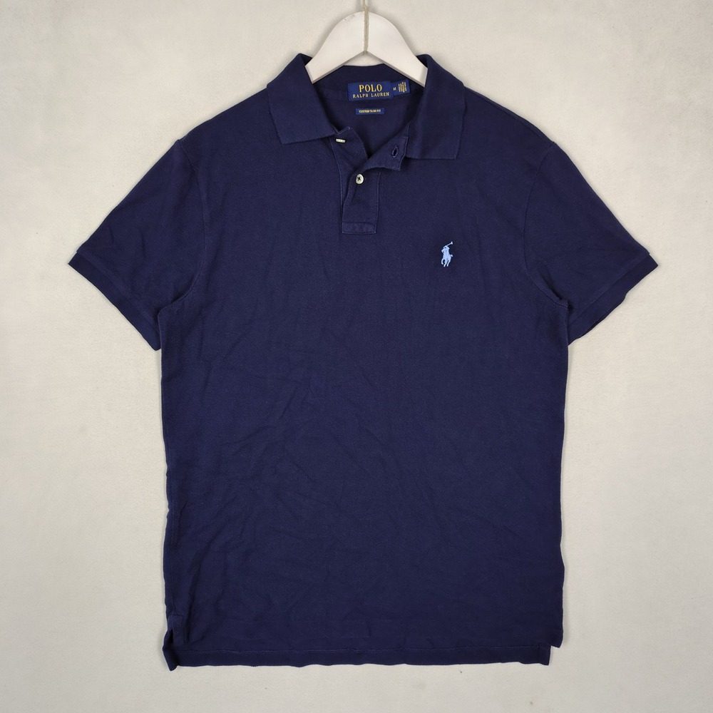 Polo Ralph Lauren Mens Navy Blue Custom Slim Fit Cotton Mesh Polo Shirt Size M